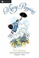 A woman in a blue skirt suit holds a large carpet bag in one hand and an open umbrella in the other as though she's flying through the sky over the houses below