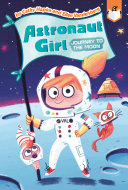 Cover image for "Journey to the Moon" centering a cartoon white girl in an astronaut suit and helmet on the moon
