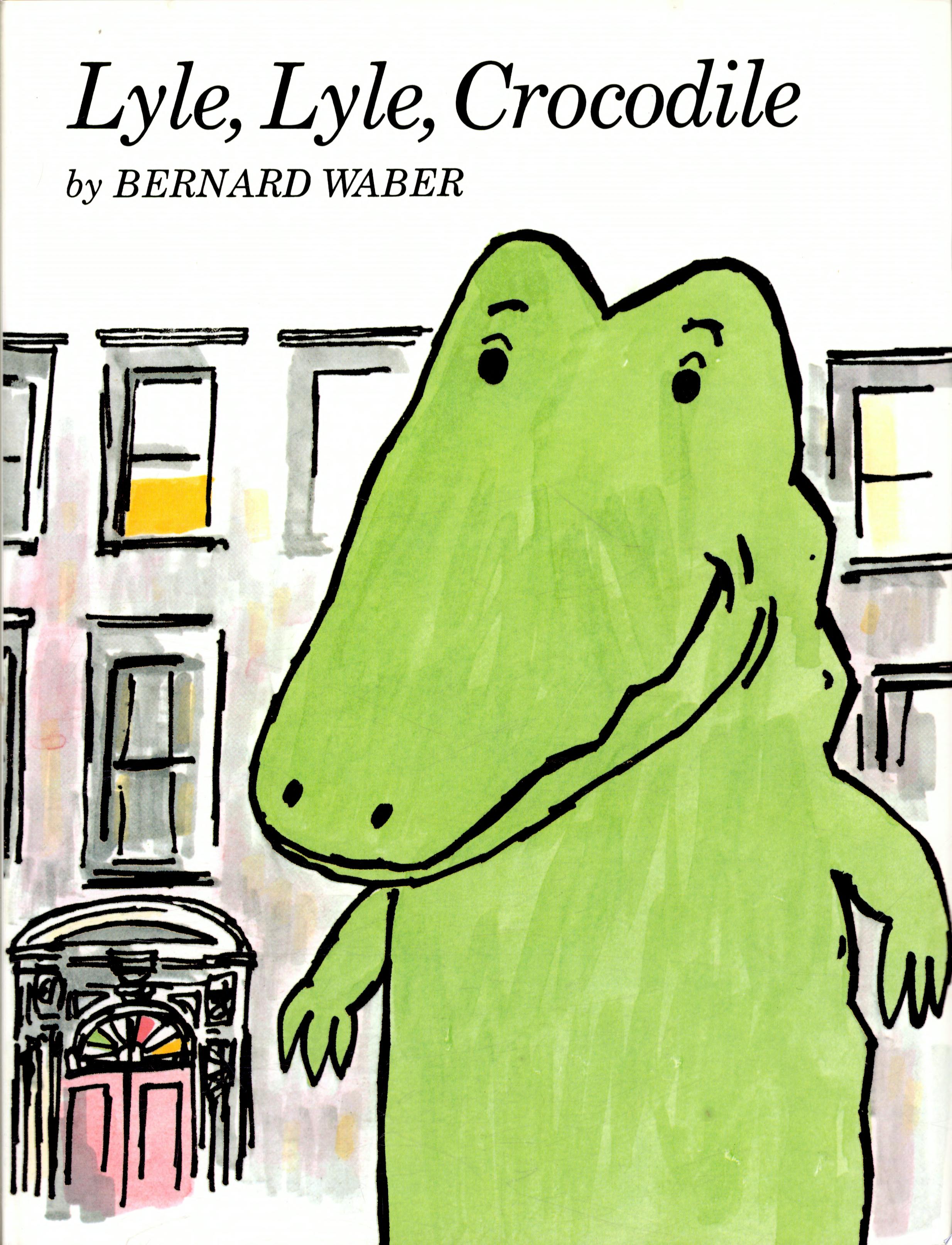 A close up illustration of Lyle the crocodile who is standing in front of an apartment building under the book's title.