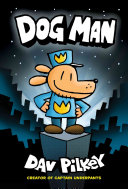 Comic book hero Dog Man (head of dog, body of human police officer) stands proud on top of a building in a city at night.