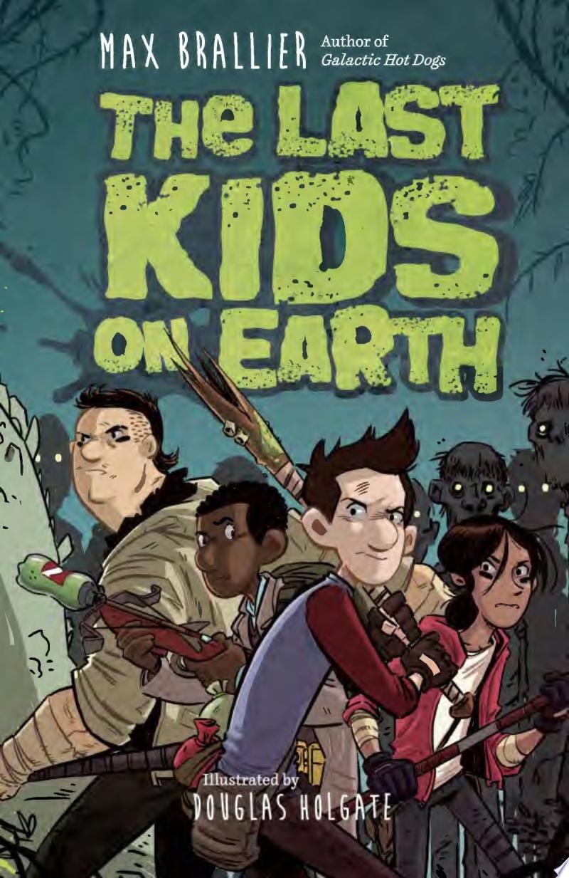 Four teenagers, three boys and a girl, look ready to fight as they stand defensively while apparent zombies loom over their shoulders.