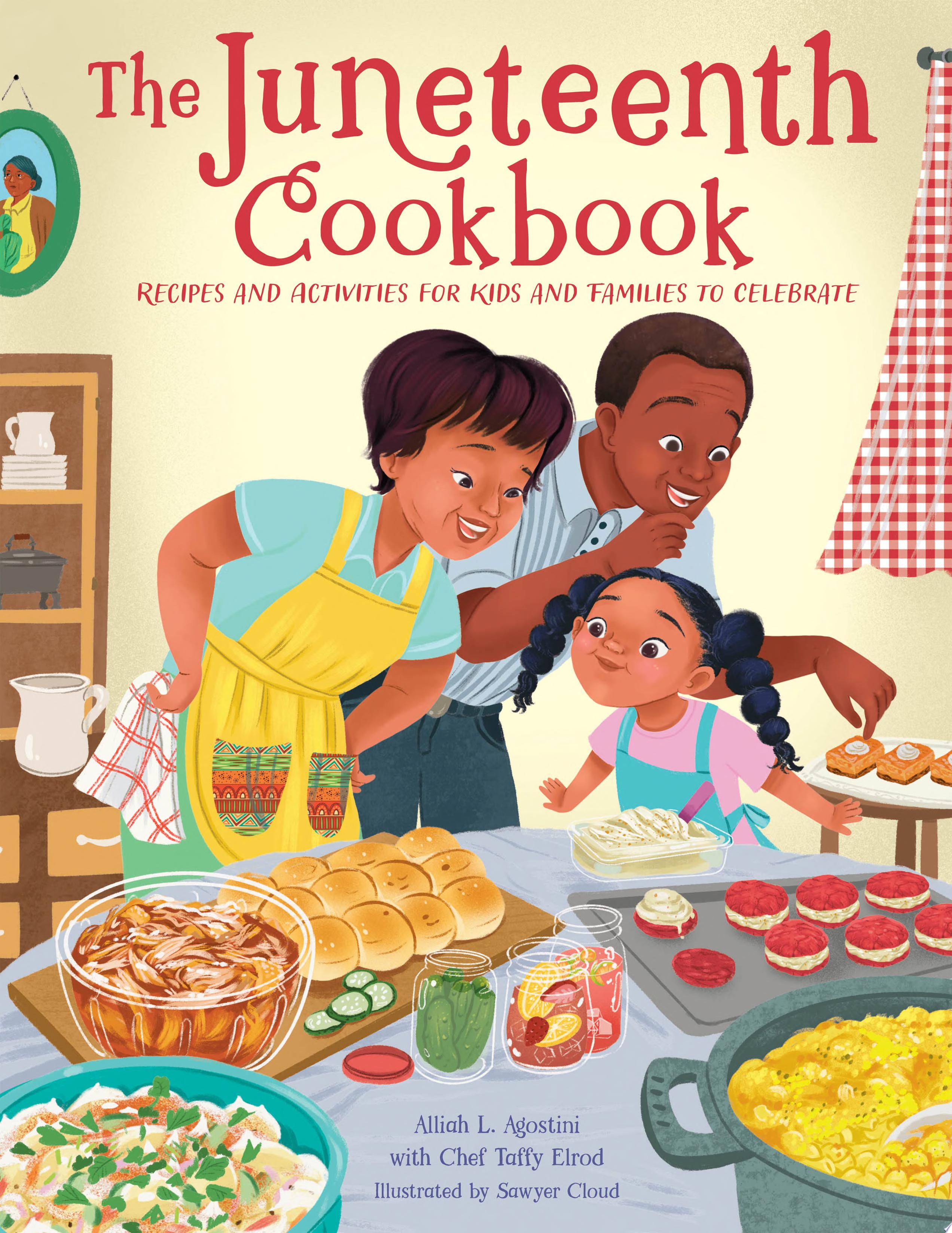 Colorful, full-page illustration of an African-American family, two adults and a child, leaning over a dining table filled with food