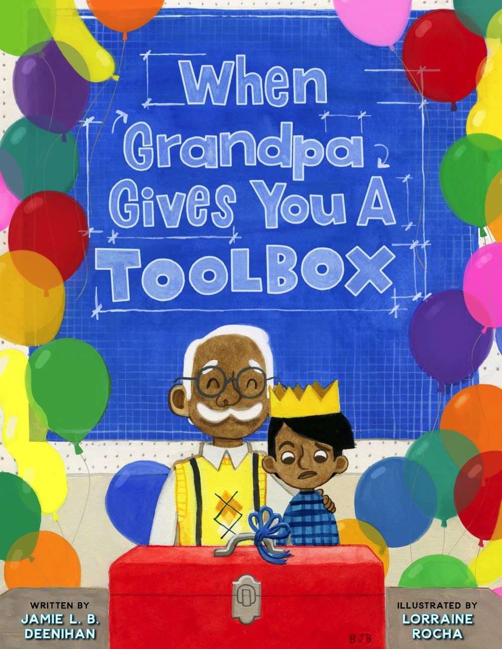 grandpa and child with tool box gift