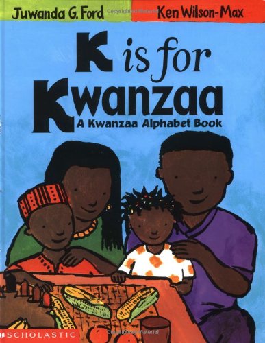 title, author and family with kwanzaa candles