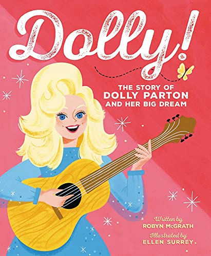 Illustration of Dolly Parton playing guitar on a pink background