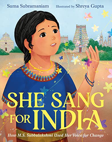 Illustration of woman singing with a scene of India in the background