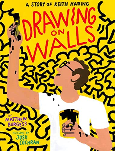 Illustration of Keith Haring painting black line figures ona  yellow background