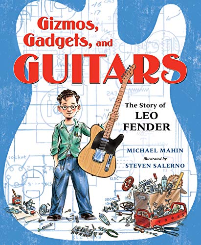 Illustrated picture of Leo Fender with a guitar next to a pile of electronics componants