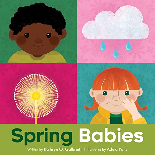 title, four squares, two have illustrated babies' faces, one has a rain cloud and one has a flower