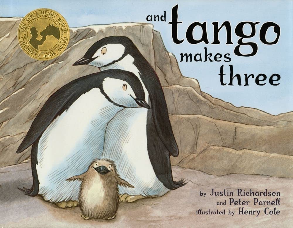 Title and Illustration of two adult penguins and a baby penguin