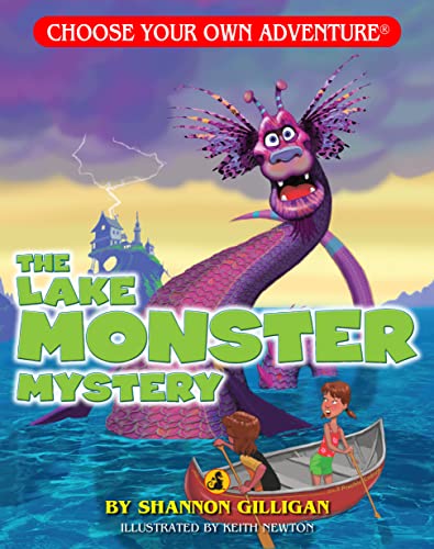 book cover with illustrated lake monster and kids in boat