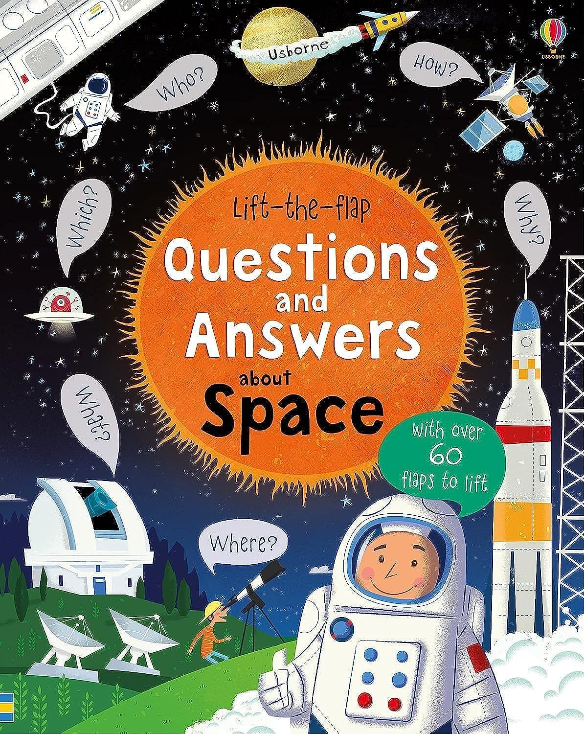 book cover with illustrated astronaut and various other space things