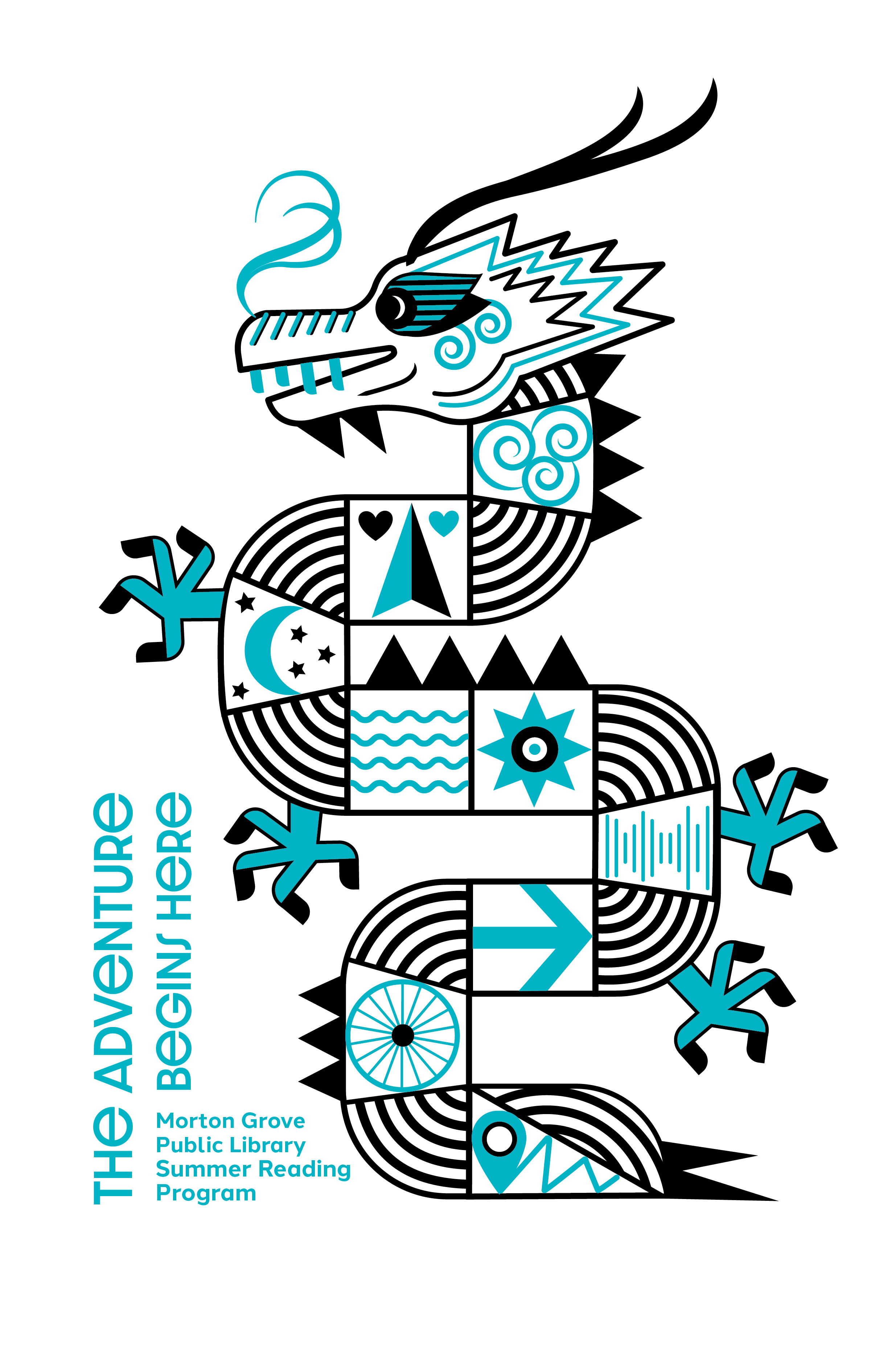 Summer Reading Program logo of a dragon with symbols down its body