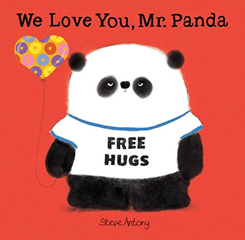 cover with title and author and illustrated panda wearing a shirt that says "Free Hugs"