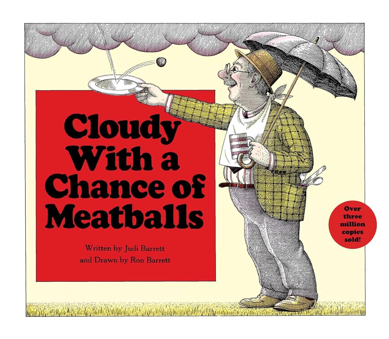 A pen drawing of an older mustachioed man holds an umbrella in one hand and a plate with the other as a meatball falls from the cloudy sky.