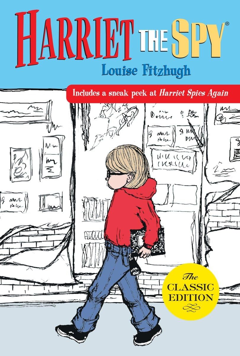 A young white girl with short hair and glasses walks across the page on a city sidewalk wearing jeans and a red hoodie with notebook in hand.