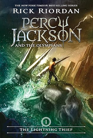 A lightning bolt comes down from a dark sky over New York City as a boy holding a sword stands on a large statue of Poseidon sticking out of the angry water.