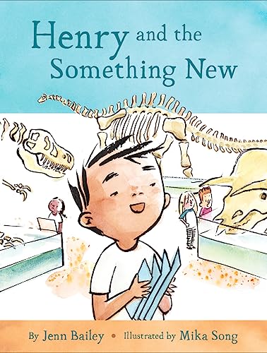 book cover with title and author and illustration of boy standing in a museum with dinosaurs