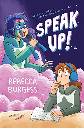 book cover with title and author and illustration of a girl imagining herself being a singer