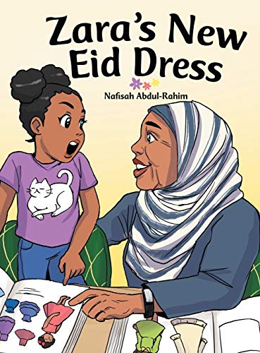 book cover with title and author and illustration of a girl talking to her grandmother in hijab and looking at pictures of dresses