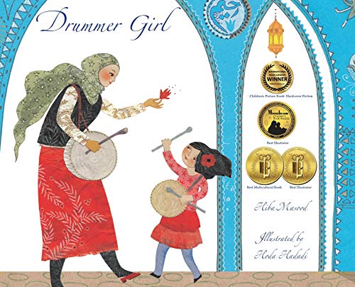 book cover with title and author and illustration of a woman in hijab and a girl both playing a drum 