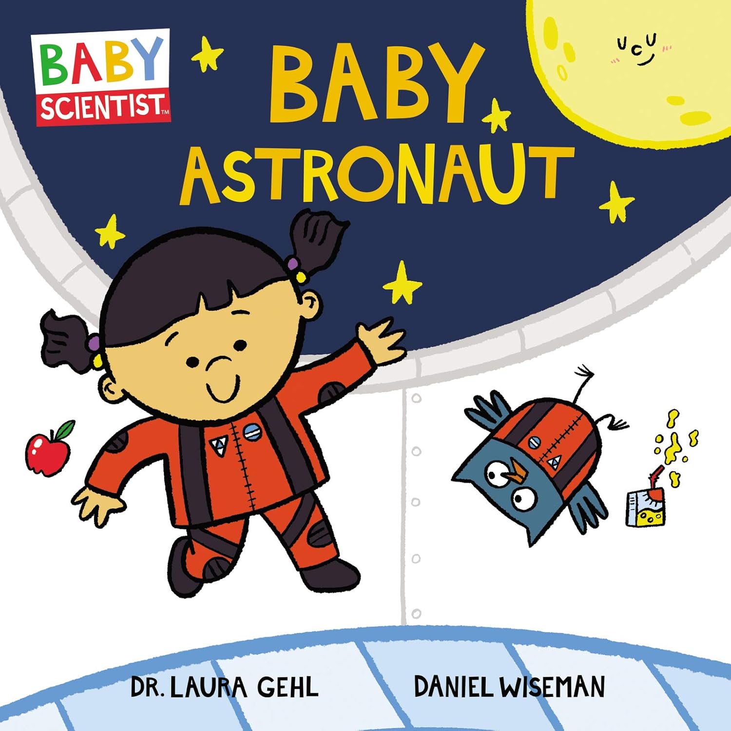 Cover image for "Baby Astronaut" featuring a simple illustrated girl with brown pigtails floating near a bot on a spaceship.