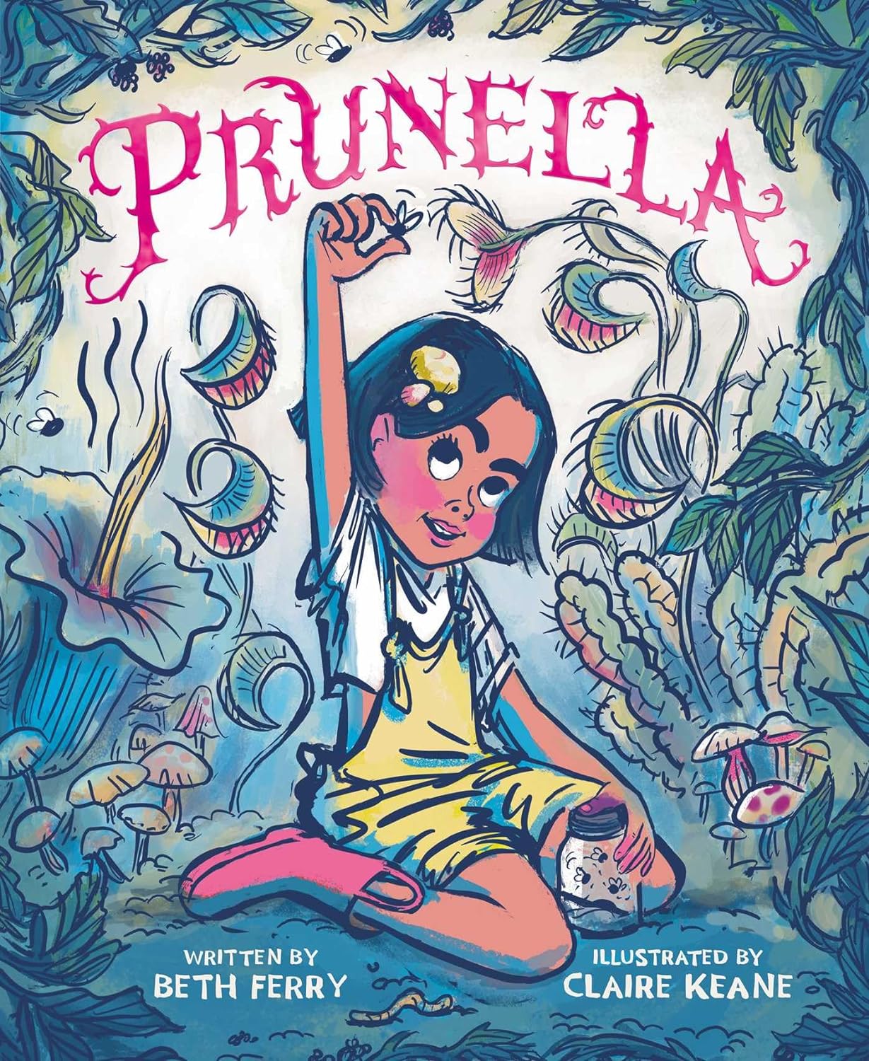 Cover image for "Prunella" featuring a short-haired girl surrounded by curious plants and holding a fly up to a Venus flytrap.