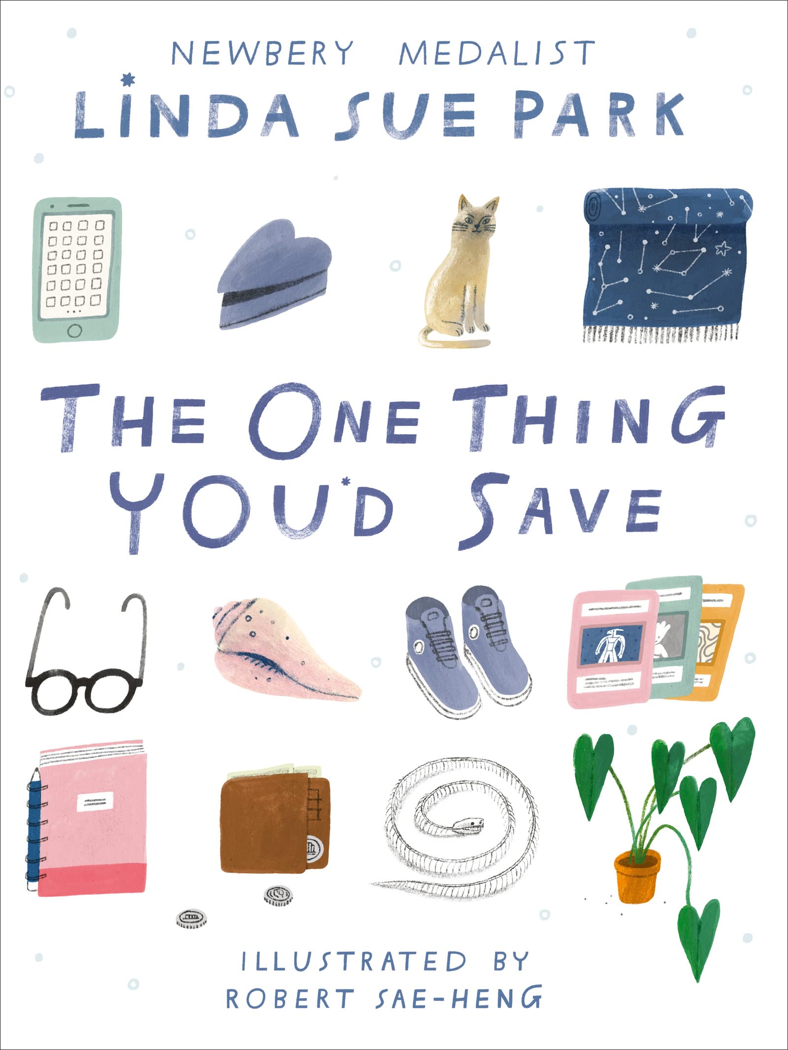 cover with title and author and illustrations of various objects like glasses, shoes, a book, etc