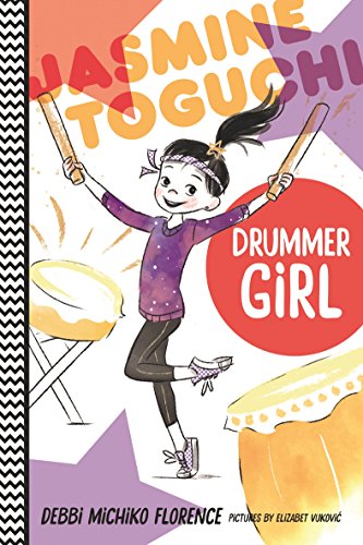 book cover with title and author and colorful illustration of a girl playing a drum