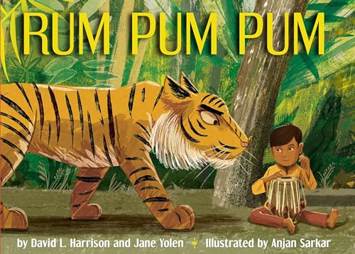 Book cover with title and author and illustration of a tiger in a jungle with a boy playing a drum