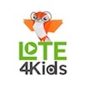 lote4kids logo orange bird wearing glasses with wings open sits on top of the word lote