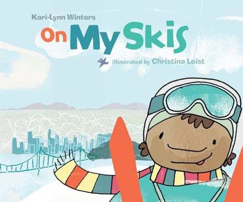 Cover with title and author and illustration of a child holding skis by a mountain