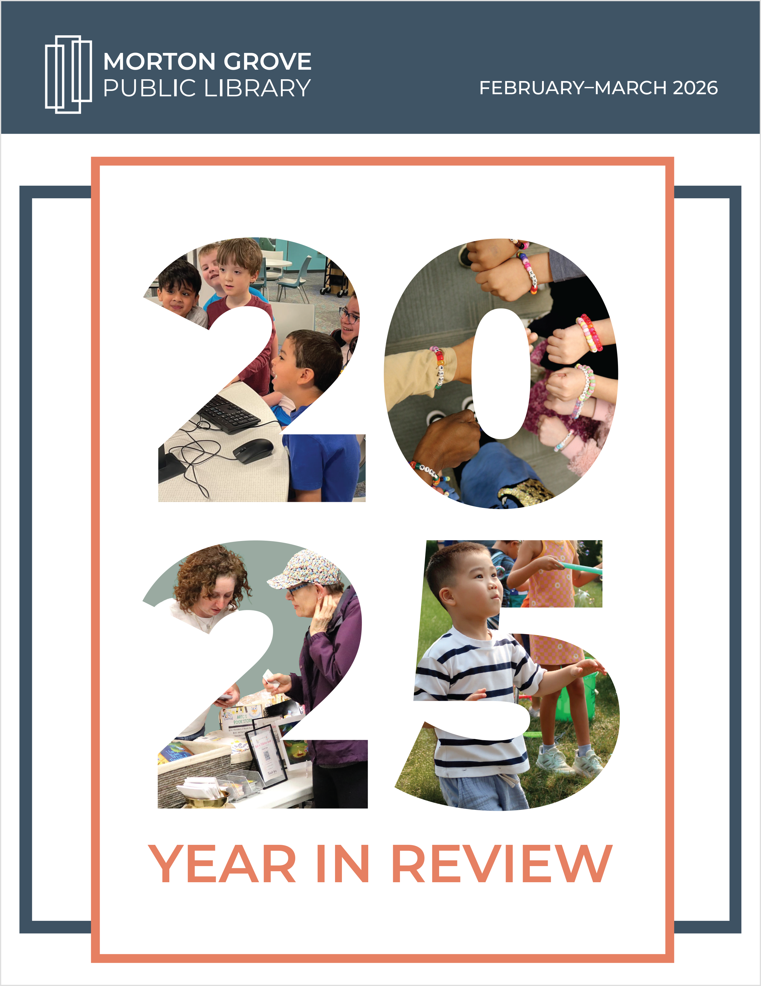 the numbers 2025 with images in the numbers. group of kids looking at a computer screen, hands with friendship bracelets, two adults talking, kid playing with bubbles