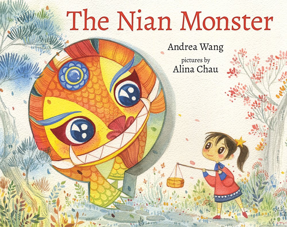 Cover for "The Nian Monster" by Andrea Wang, young Xingling is small compared to the brightly colored and circular Nian monster