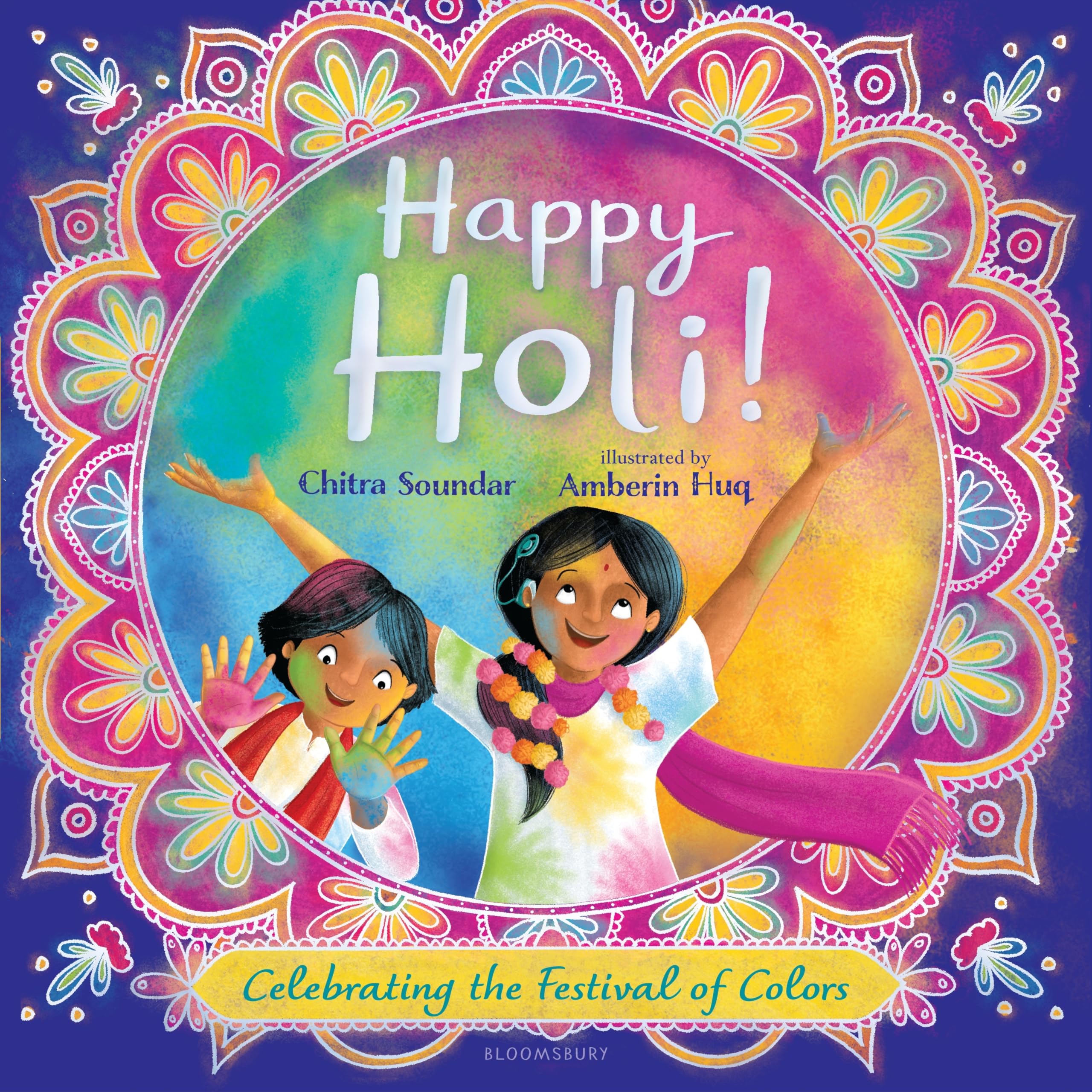 cover with title and author and illustration of two kids with holi colored powder