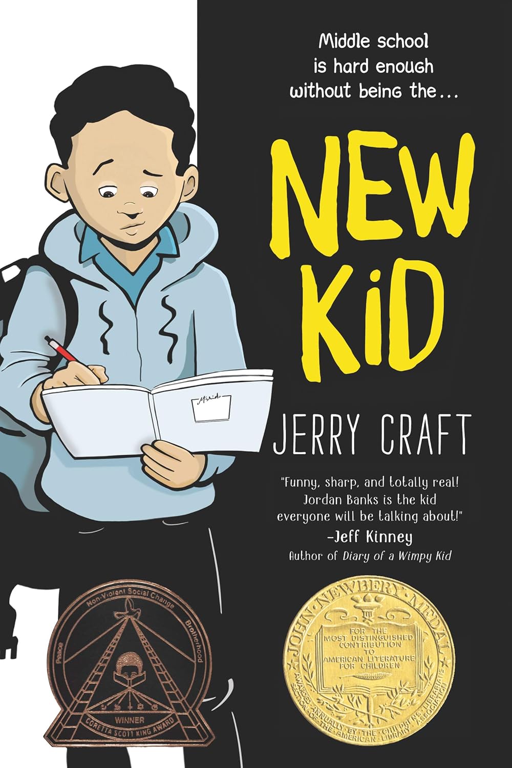 Cover for "New Kid" by Jerry Craft. A light-skinned Black middle schooler stands while drawing in a notebook.
