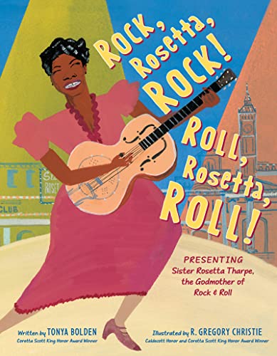 cover with title and author and illustration of a black woman playing guitar