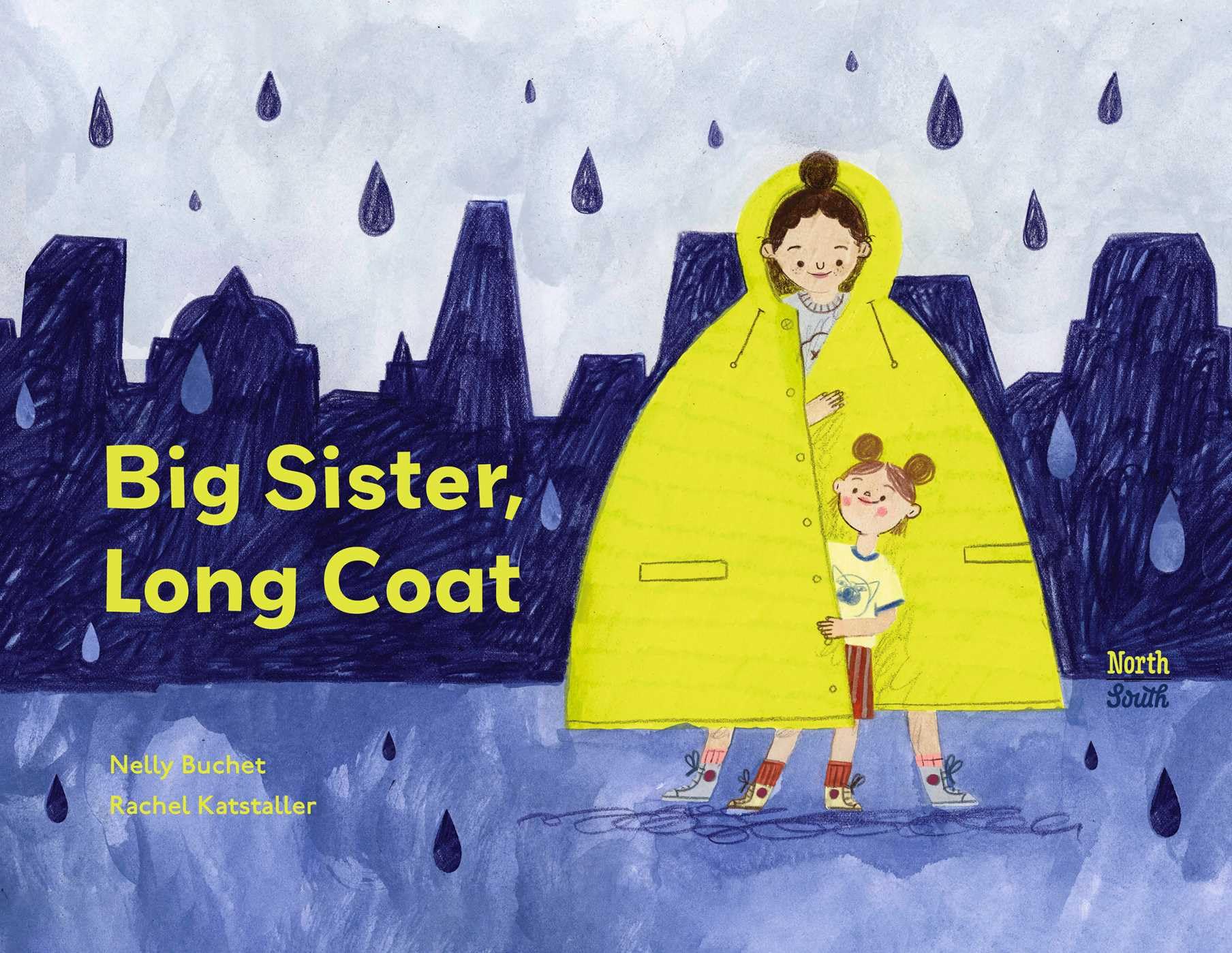 cover with illustration of a girl in a big yellow raincoat covering her little sister