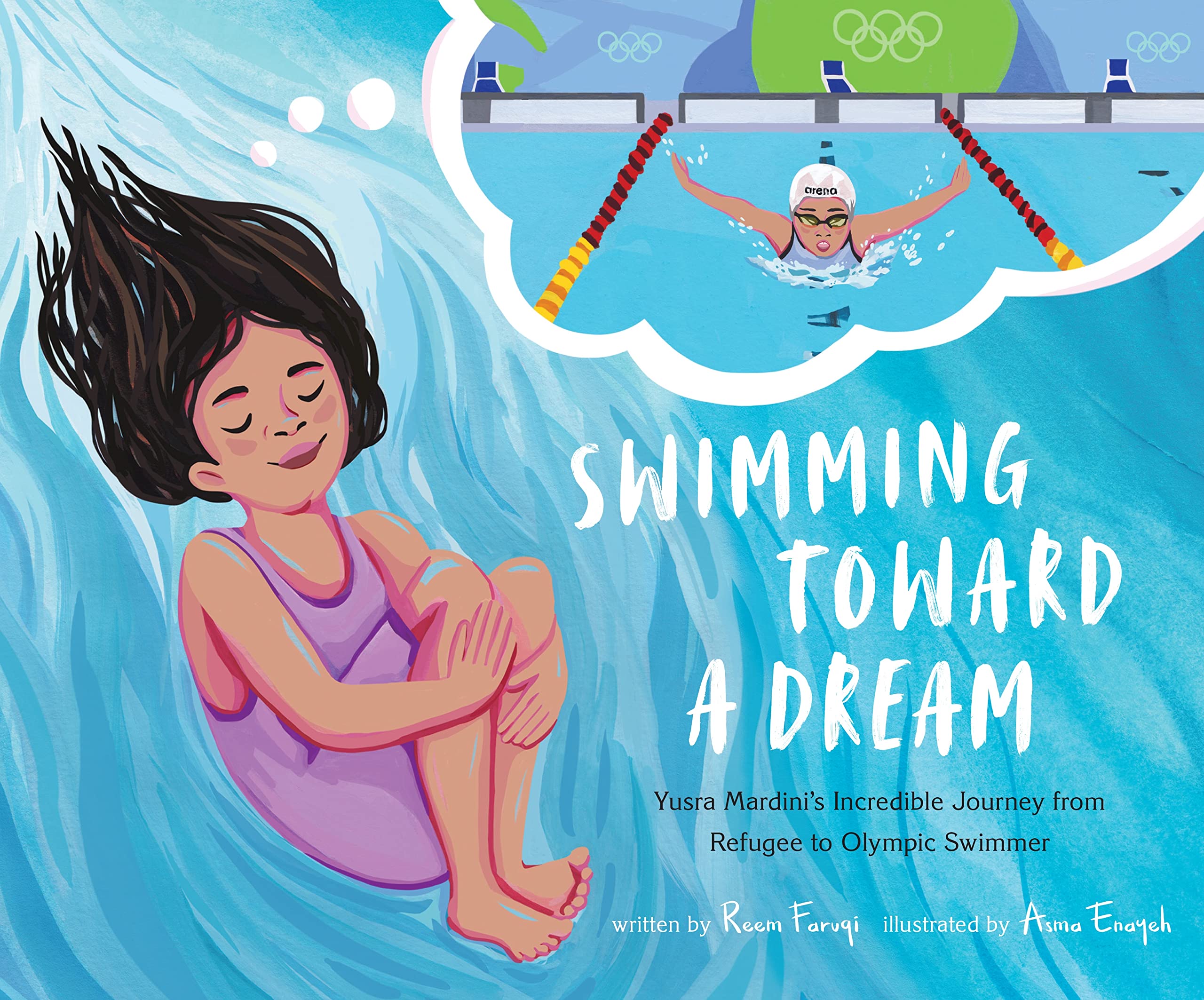 cover with title and author and illustration of a girl swimming underwater