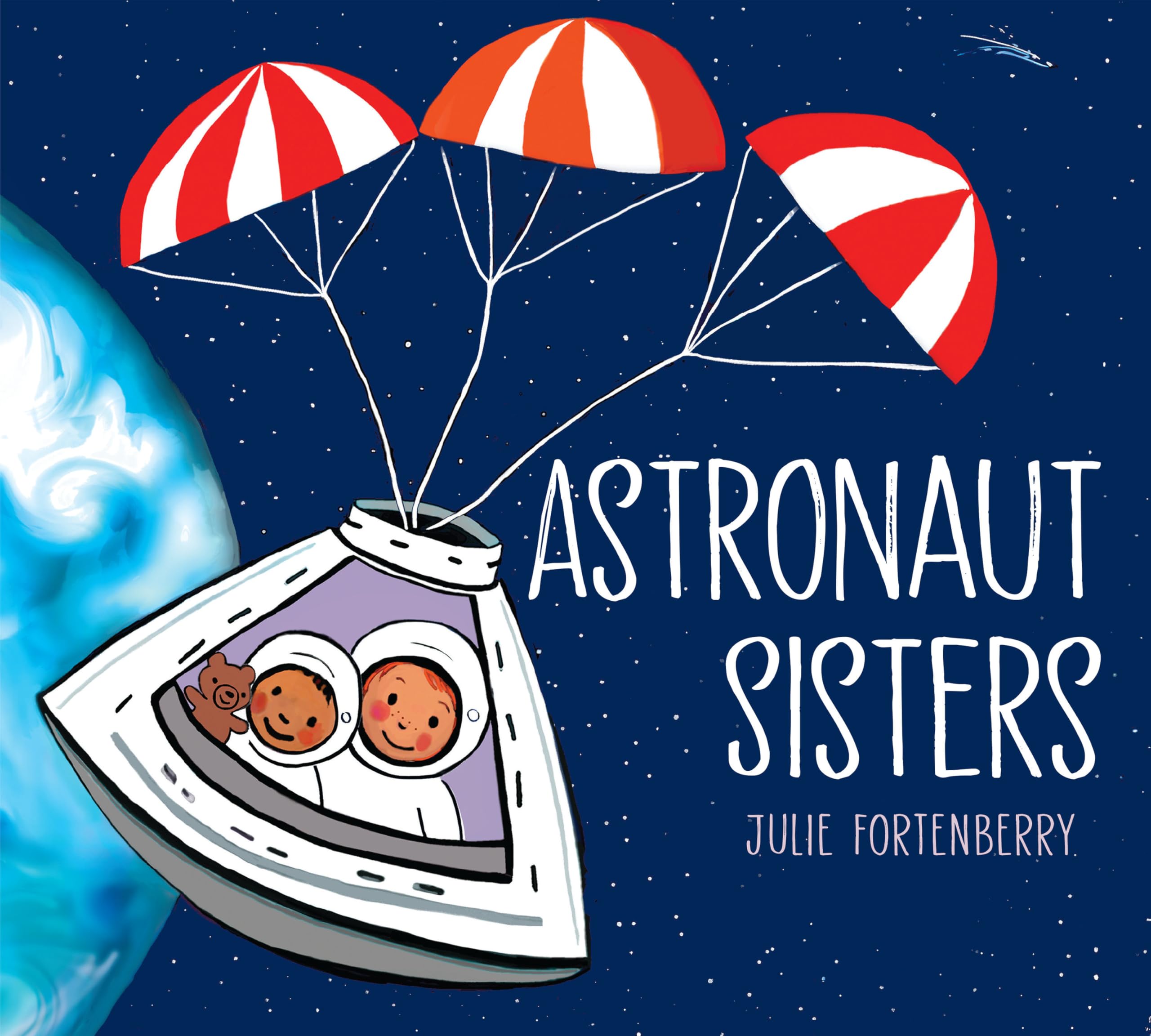 cover with title and author and illustration of two young girls looking out of a space capsule