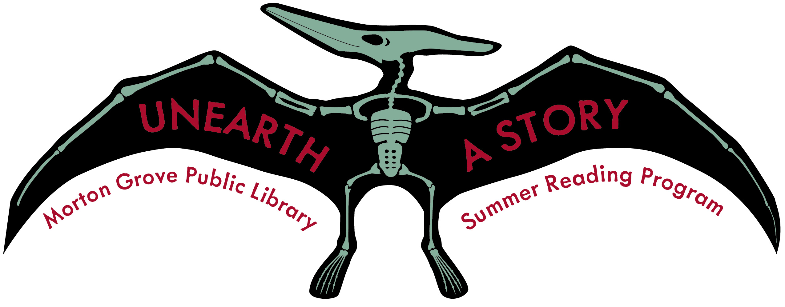 winged dinosaur with text Unearth A Story in its wings. text under the wings says Morton Grove Public Library Summer Reading Program