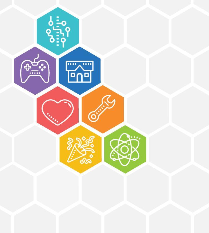 hexagons in different colors with symbols that match with categories of library of things